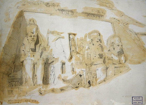 Cztery kolosalne posągi Ramzesa II (1279-1213 pne) w Wielkiej Świątyni Abu Simbel autorstwa Frederick Arthur Bridgman