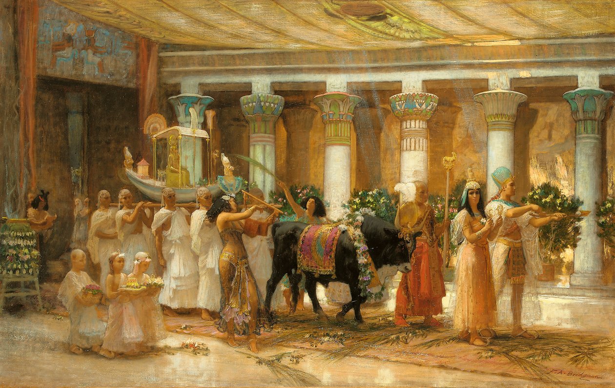 Procesja Świętej Byki, Apis, ok. 1879 (olej na płótnie) autorstwa Frederick Arthur Bridgman