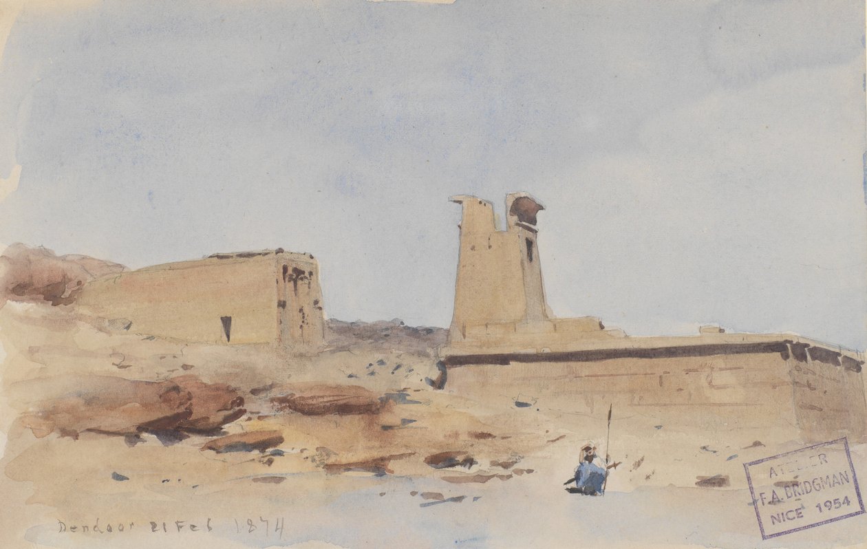 Świątynia Dendur, pokazująca pylon i taras, 1874. autorstwa Frederick Arthur Bridgman