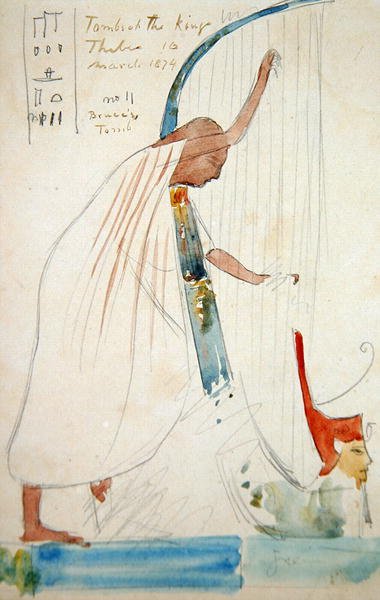 Malowidło ścienne przedstawiające harfistę w grobowcu Ramzesa III w Tebach autorstwa Frederick Arthur Bridgman