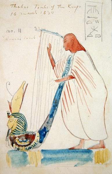 Malowidło ścienne przedstawiające harfistę w grobowcu Ramzesa III w Tebach autorstwa Frederick Arthur Bridgman