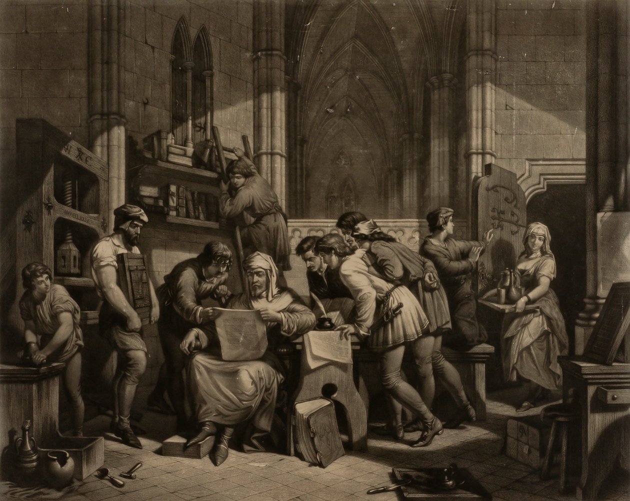 William Caxton - badanie pierwszego arkusza próbnego z jego prasy drukarskiej w Opactwie Westminsterskim, A.D. 1474 autorstwa Frederick Bacon