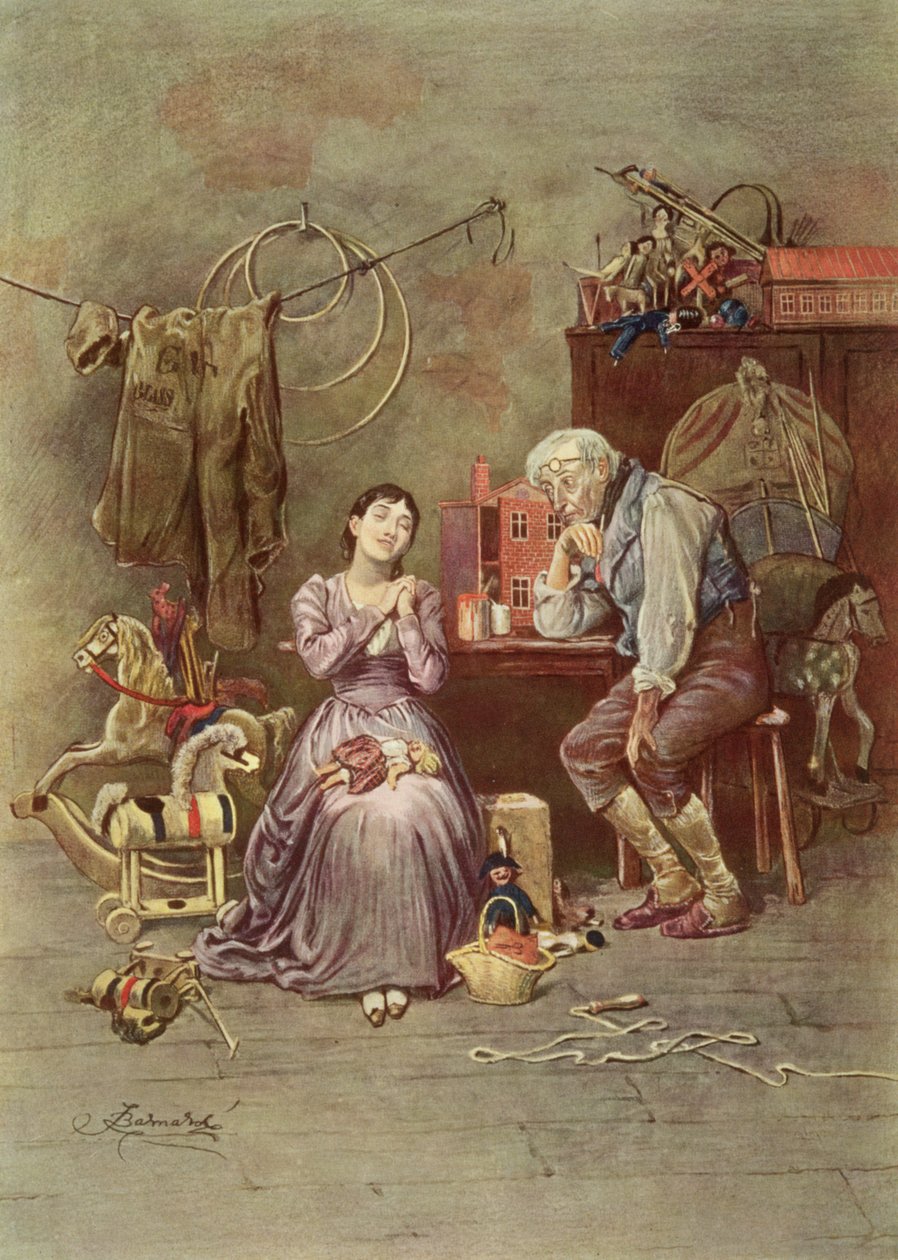 Caleb Plummer i jego niewidoma córka, scena z „Świeszcza na ognisku” (1845) Charlesa Dickensa (1812-70) autorstwa Frederick Barnard