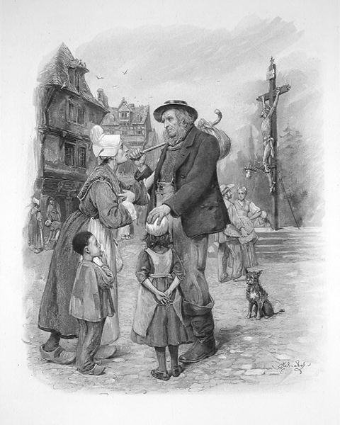 Pan Peggotty przy Krzyżu Świętego Zbawiciela, z książki „Charles Dickens: plotka o jego życiu”, autorstwa Thomasa Archera, opublikowanej ok. 1894 r. (lito) autorstwa Frederick Barnard