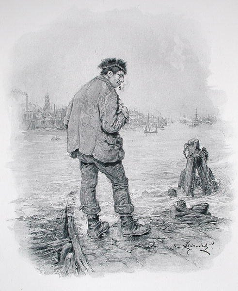 Rogue Riderhood at Limehouse Hole, z książki „Charles Dickens: A Gossip about his Life”, autorstwa Thomasa Archera, opublikowanej ok. 1894 (litografia) autorstwa Frederick Barnard