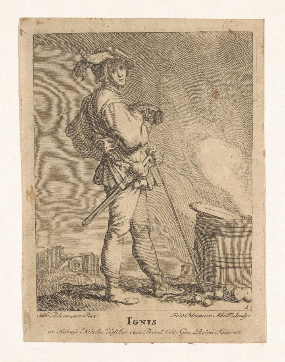 Sztuczne ognie Ignis (tytuł na obiekcie) Cztery żywioły (tytuł serii) autorstwa Frederick Bloemaert