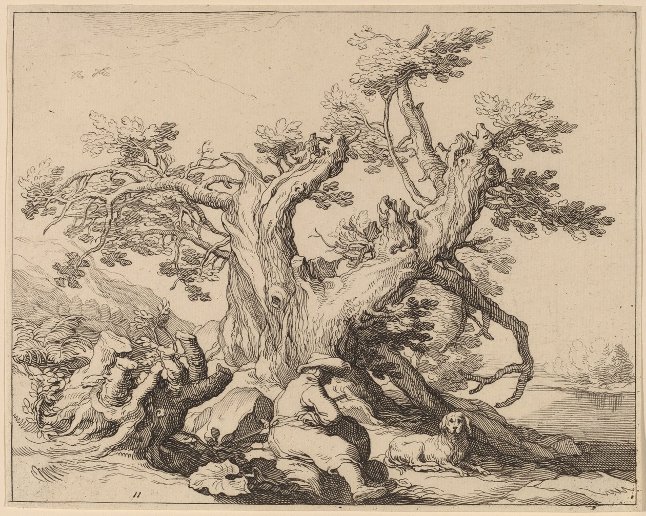 Mężczyzna i jego pies odpoczywają przy wielkim drzewie autorstwa Frederick Bloemaert after Abraham Bloemaert