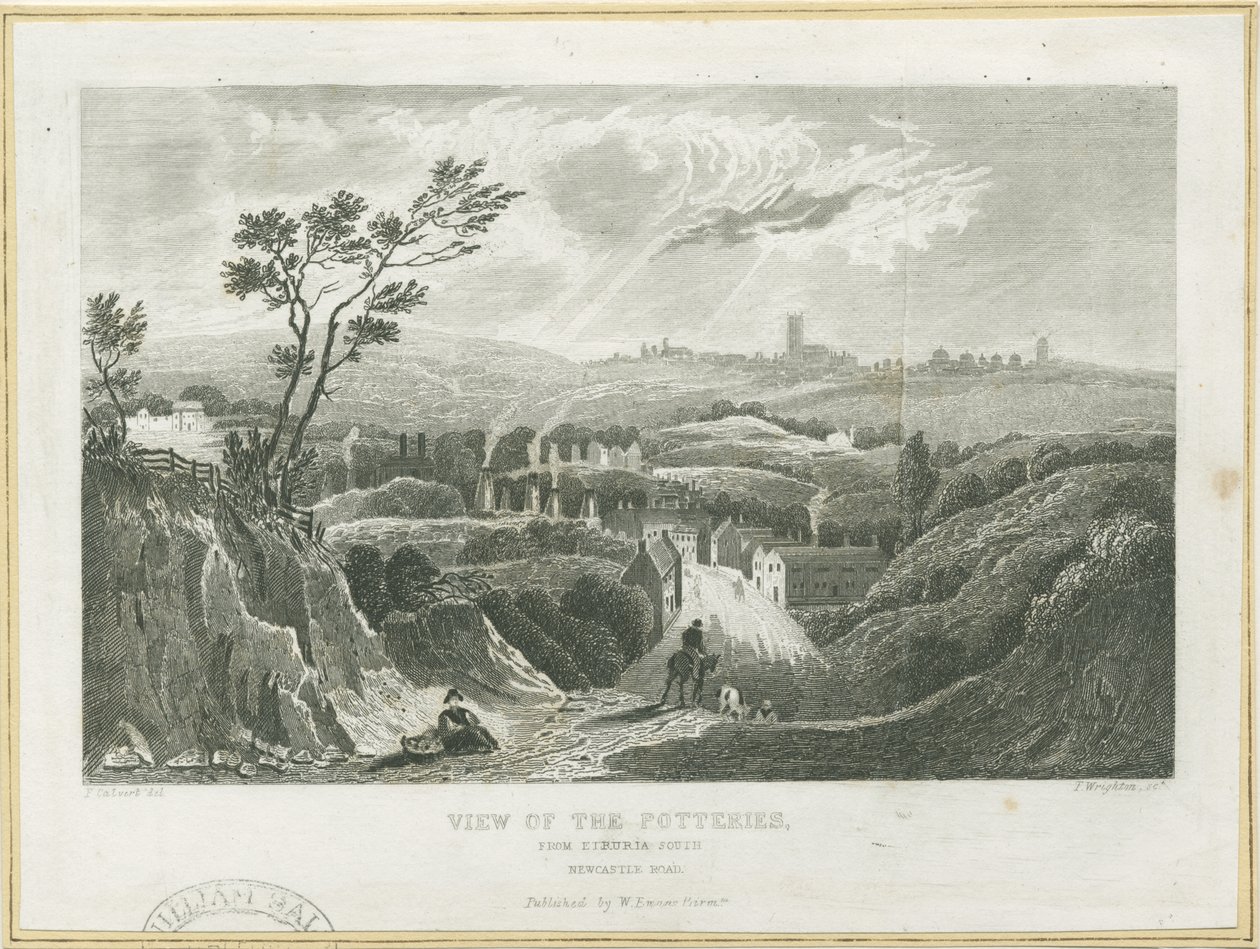 Burslem - Widok ceramiki: grawerowanie, bd [ok. 1830] autorstwa Frederick Calvert