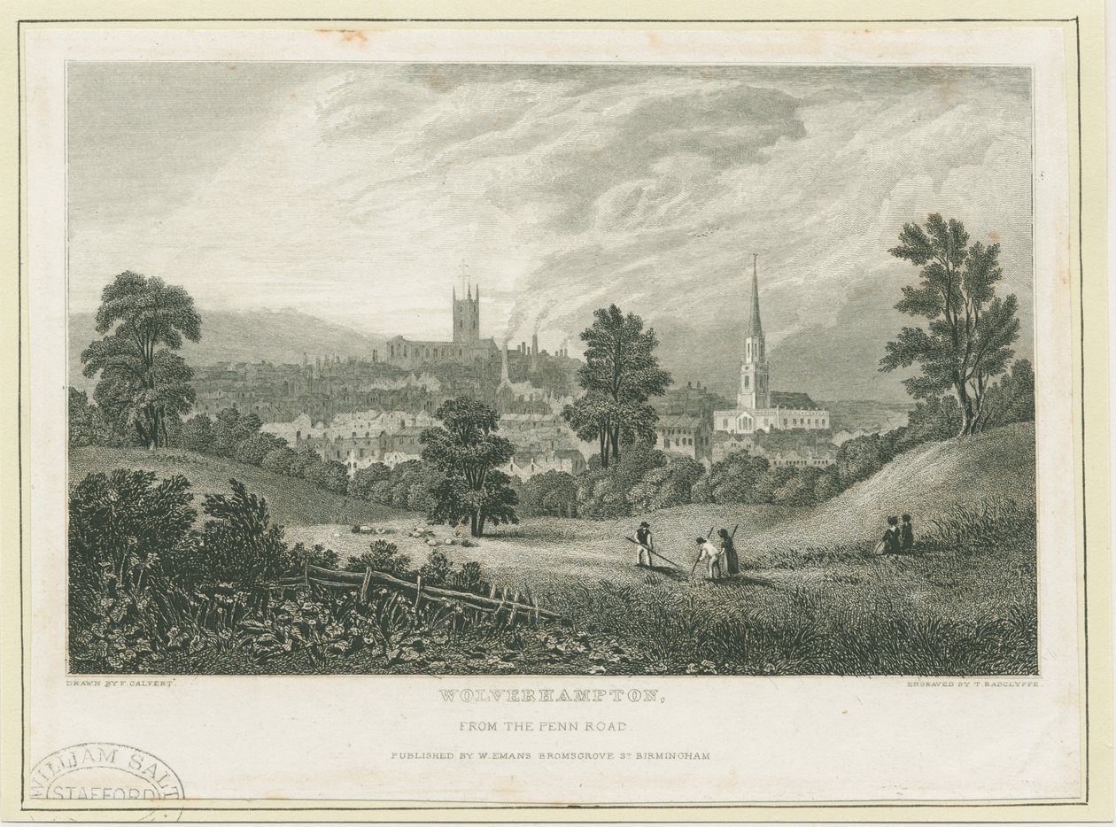 Wolverhampton - Daleki widok z Penn Road: staloryt, bd [ok. 1830] (druk) autorstwa Frederick Calvert
