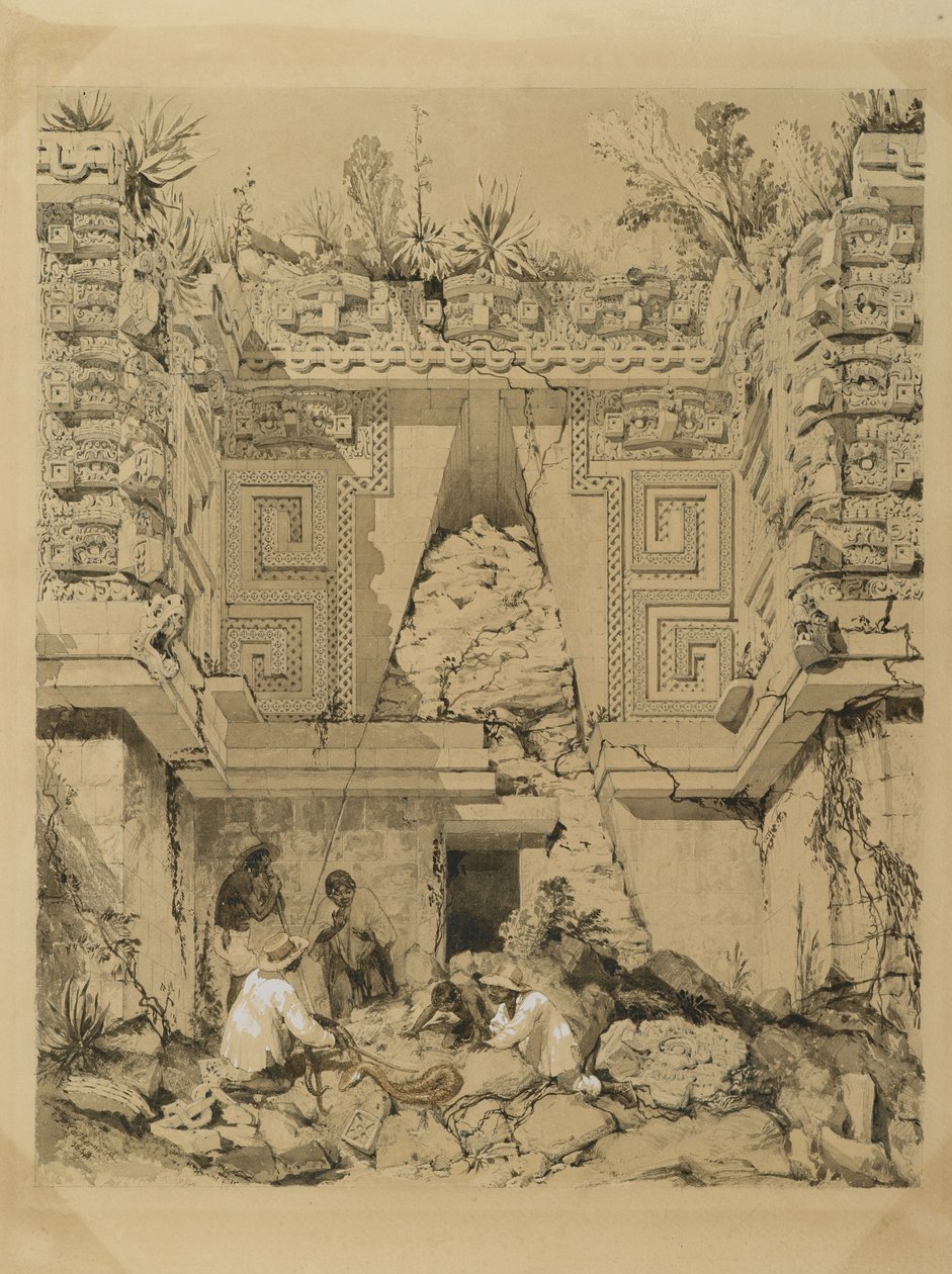 Brama, Casa del Gobernador, Uxmal, Jukatan, 1843 (atrament w kolorze sepii i pranie na papierze tkanym) autorstwa Frederick Catherwood