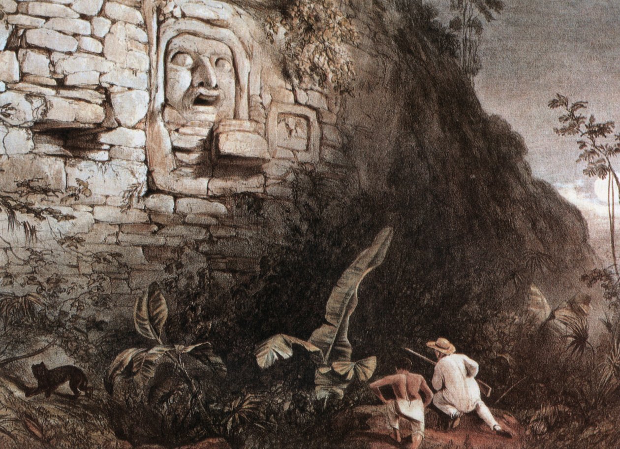 Łowca i jego przewodnik przed głową Majów Itzam Na autorstwa Frederick Catherwood