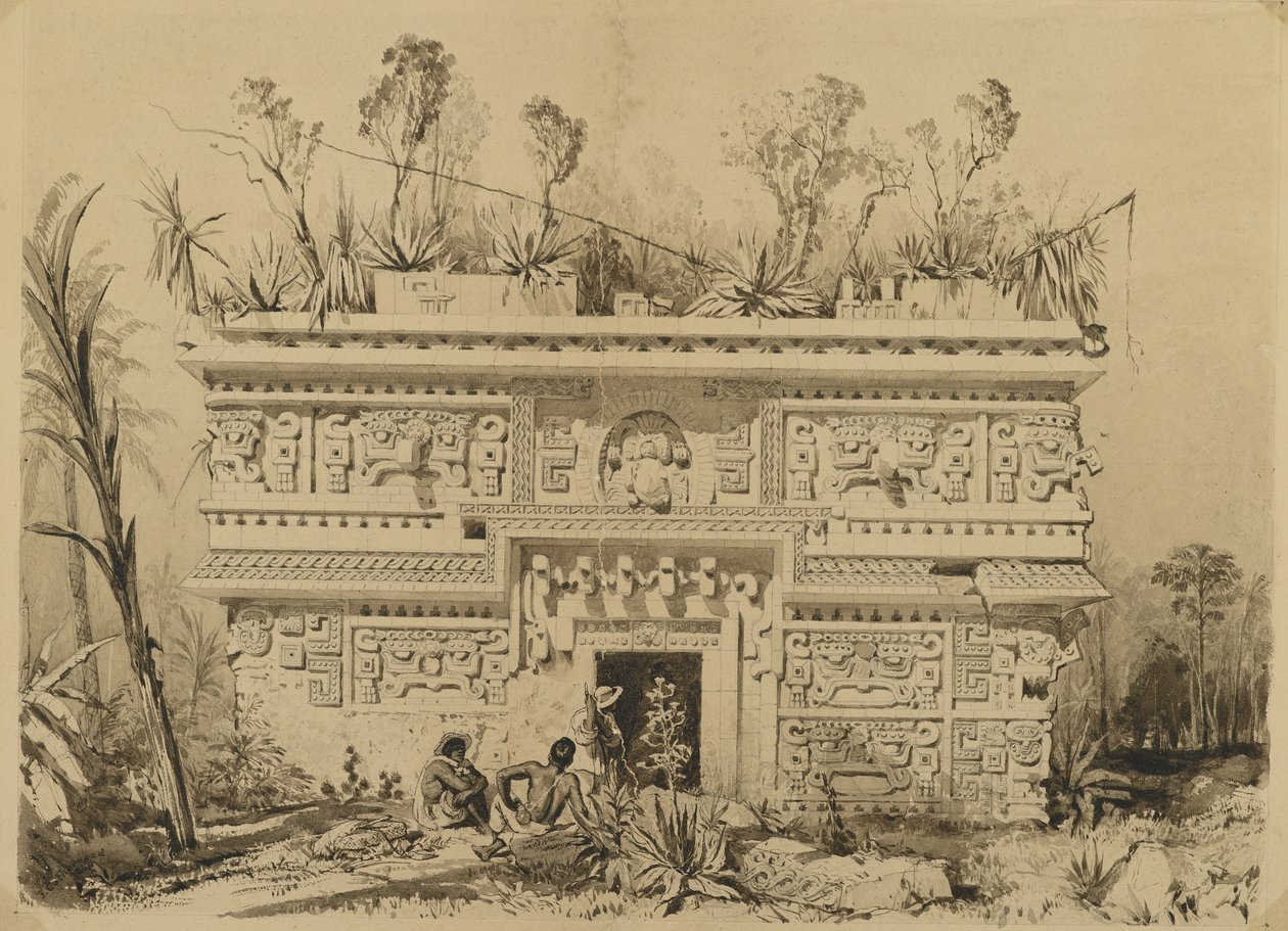 Las Monjas, Chichen Itza, Jukatan, 1843 (atrament w kolorze sepii i pranie na papierze tkanym) autorstwa Frederick Catherwood
