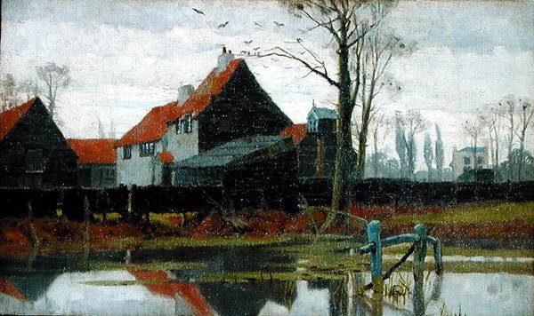 Budynki gospodarcze, ok.1889 (olej na płótnie) autorstwa Frederick Cayley Robinson