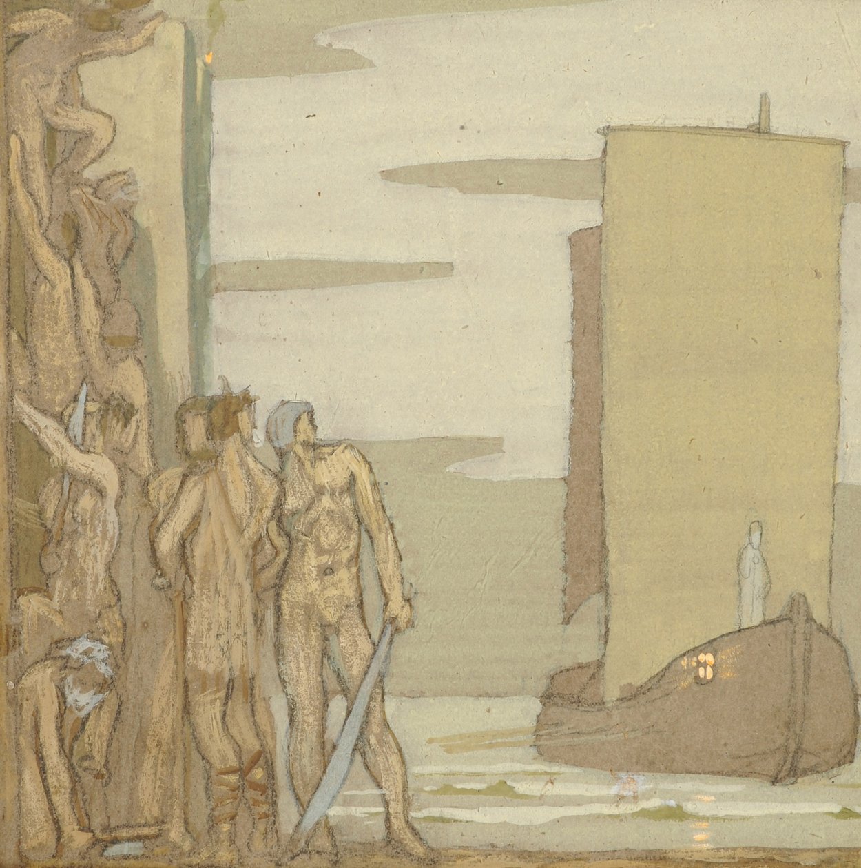 Lądowanie św. Patryka w Irlandii, ok. 1912 (tempera na drewnie) autorstwa Frederick Cayley Robinson