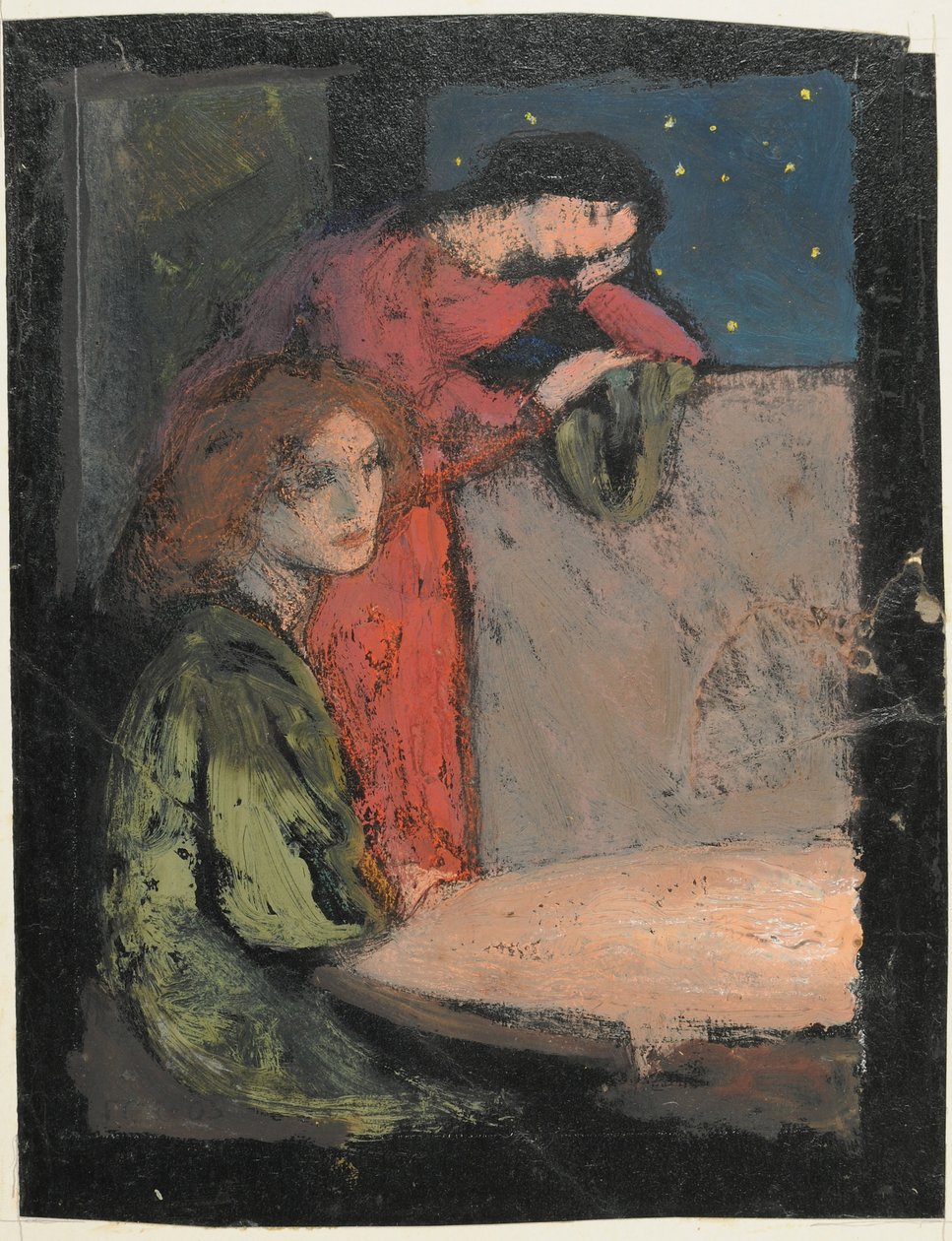 Dwie dziewczyny przy stole Wypatruj gwiaździstej nocy, 1905 (tempera na karcie) autorstwa Frederick Cayley Robinson
