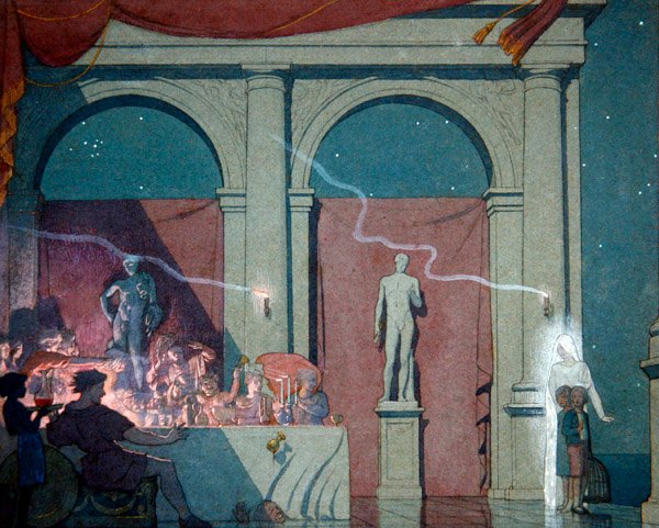 Tyltyl obraca diament, ilustracja z aktu IV sceny IV "Niebieskiego ptaka, sztuki baśniowej w sześciu aktach" Maurice Maeterlincka, wydanej w Londynie w 1911 r. (akwarela, ołówek i akwarela na papierze) autorstwa Frederick Cayley Robinson