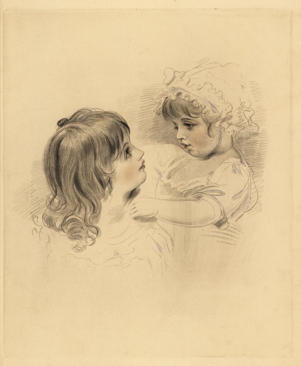 Portret dwójki dzieci. Starszy trzymający niechętnie młodsze dziecko w czepku i sukience. Ręcznie barwiony grawer autorstwa Fredericka Christiana Lewisa według ilustracji Sir Thomasa Lawrence