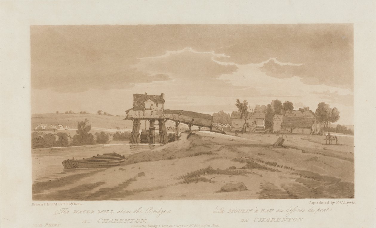Młyn wodny nad mostem w Charenton 1803; Płyta 20 z Widoków w Paryżu, Emanuel Objętość śledzenia płyty B181.25.2629 autorstwa Frederick Christian Lewis the Elder