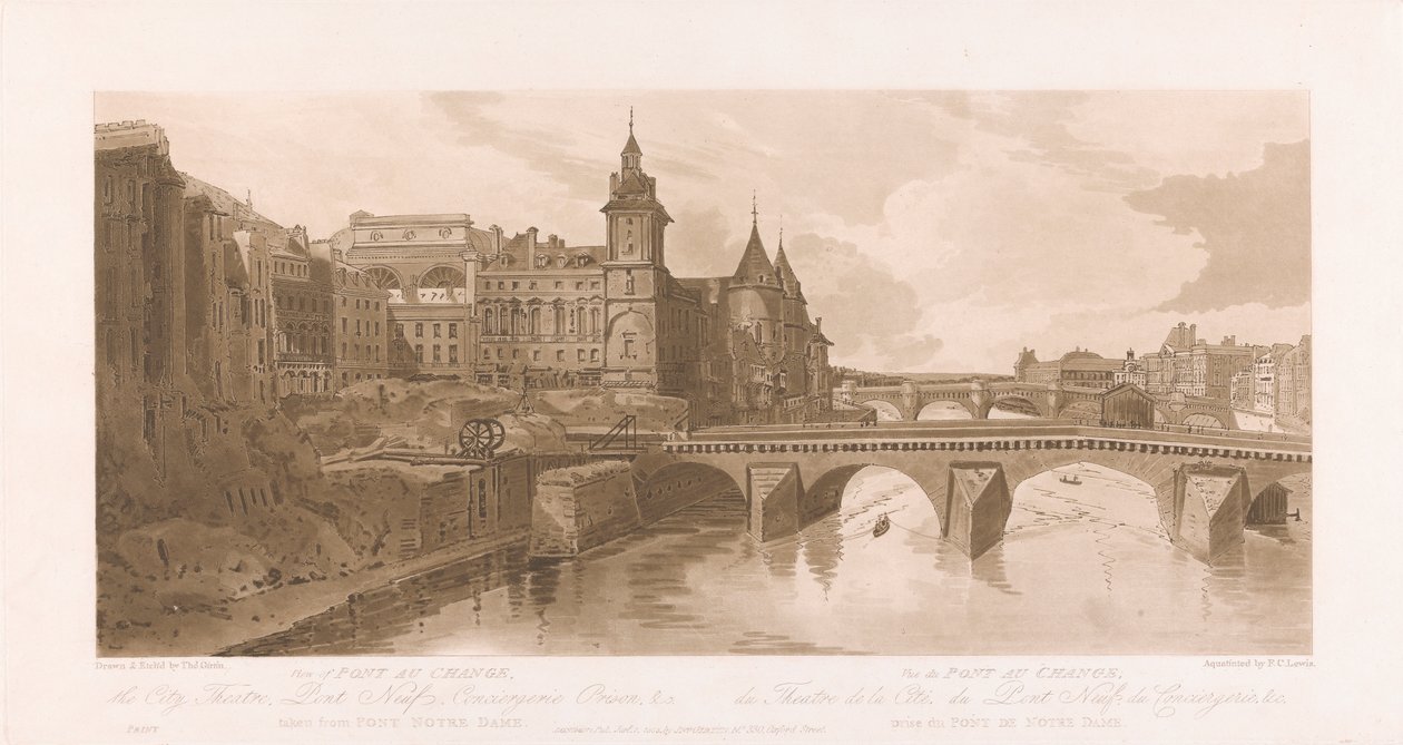 Widok na Pont au Change, Theatre de la Cite, Pont Neuf i więzienie Conciergerie autorstwa Frederick Christian Lewis the Elder
