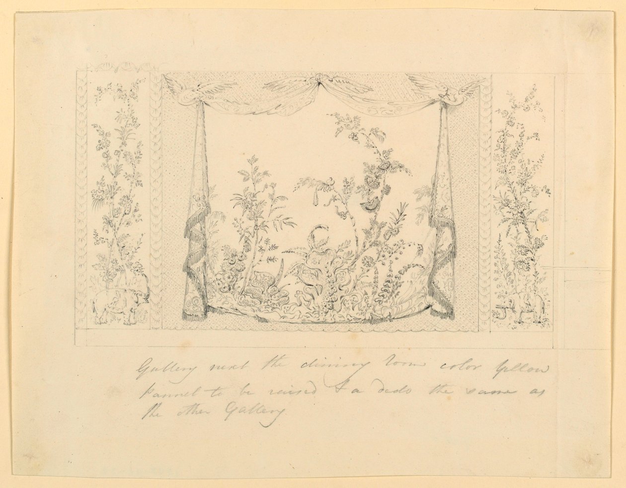 Rysunek, Pawilon Królewski, Brighton, Niebieski (południowy) salon, proponowana dekoracja ścienna, ok. 1820 r. autorstwa Frederick Crace