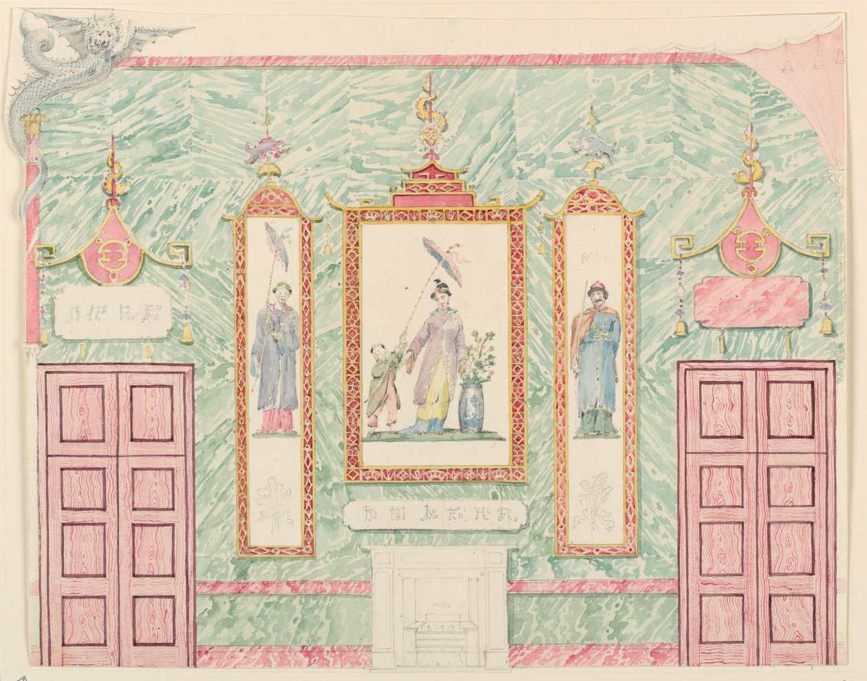 Rysunek, elewacja ścienna, prawdopodobnie dla sali bankietowej, Royal Pavilion, Brighton, 1815-22 autorstwa Frederick Crace