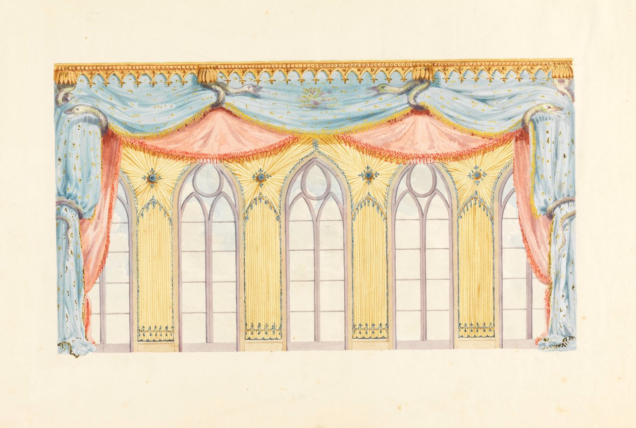 Rysunek, dekoracja okna, prawdopodobnie dla wschodniej ściany Sali Muzycznej, Royal Pavilion, Brighton, 1820 r. autorstwa Frederick Crace