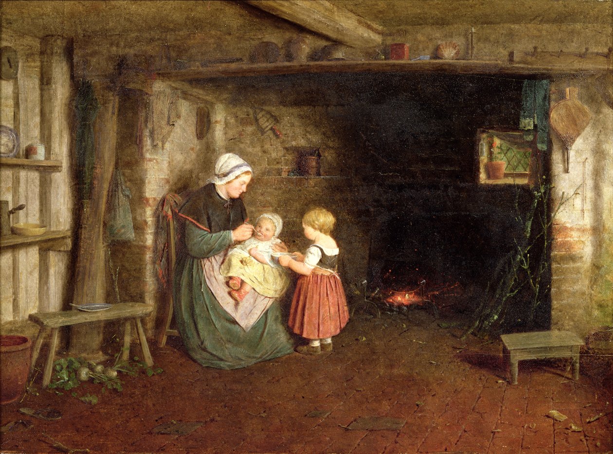 Oczekiwanie: Wnętrze domku z matką i dziećmi, 1854 autorstwa Frederick Daniel Hardy