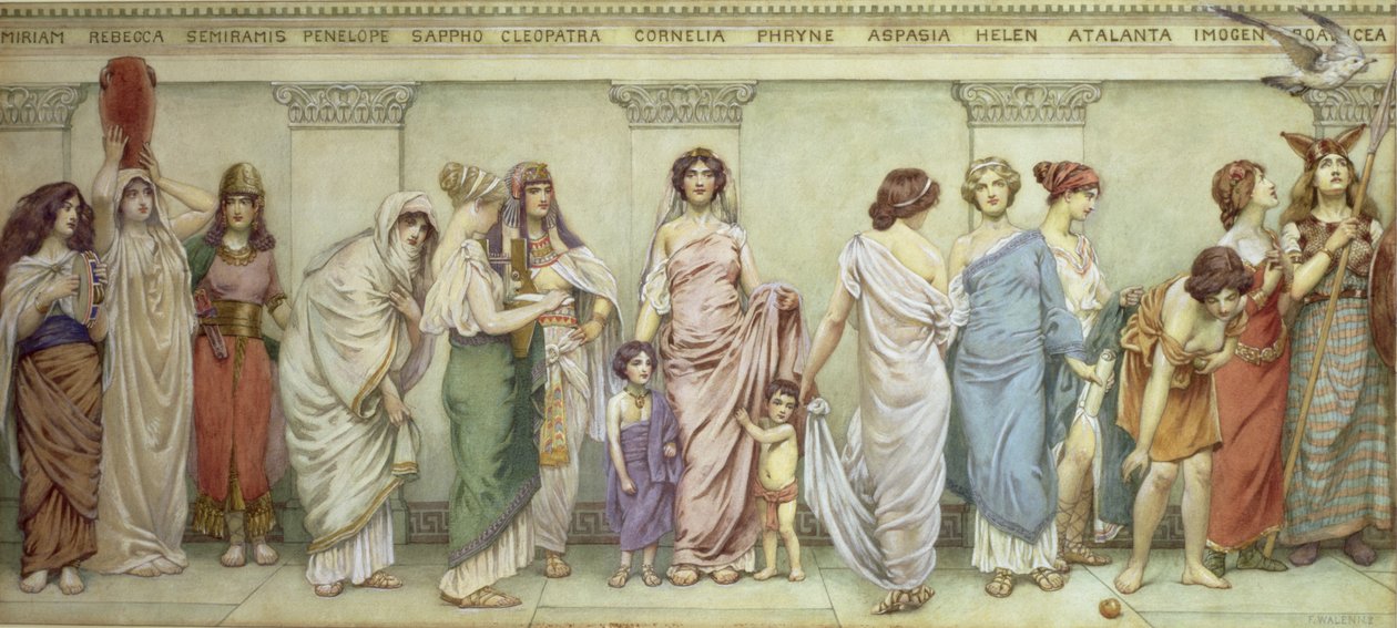 Wielkie kobiety starożytności: Miriam, Rebeka, Semiramida, Penelopa, Safona, Kleopatra, Kornelia, Fryne, Aspazja, Helena, Atalanta, Imogen i Boadicea autorstwa Frederick Dudley Walenn