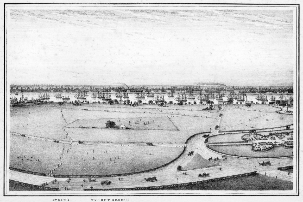 Strand i boisko do krykieta, panorama Kalkuty, Indie, ok. 1840 r. autorstwa Frederick Fiebig