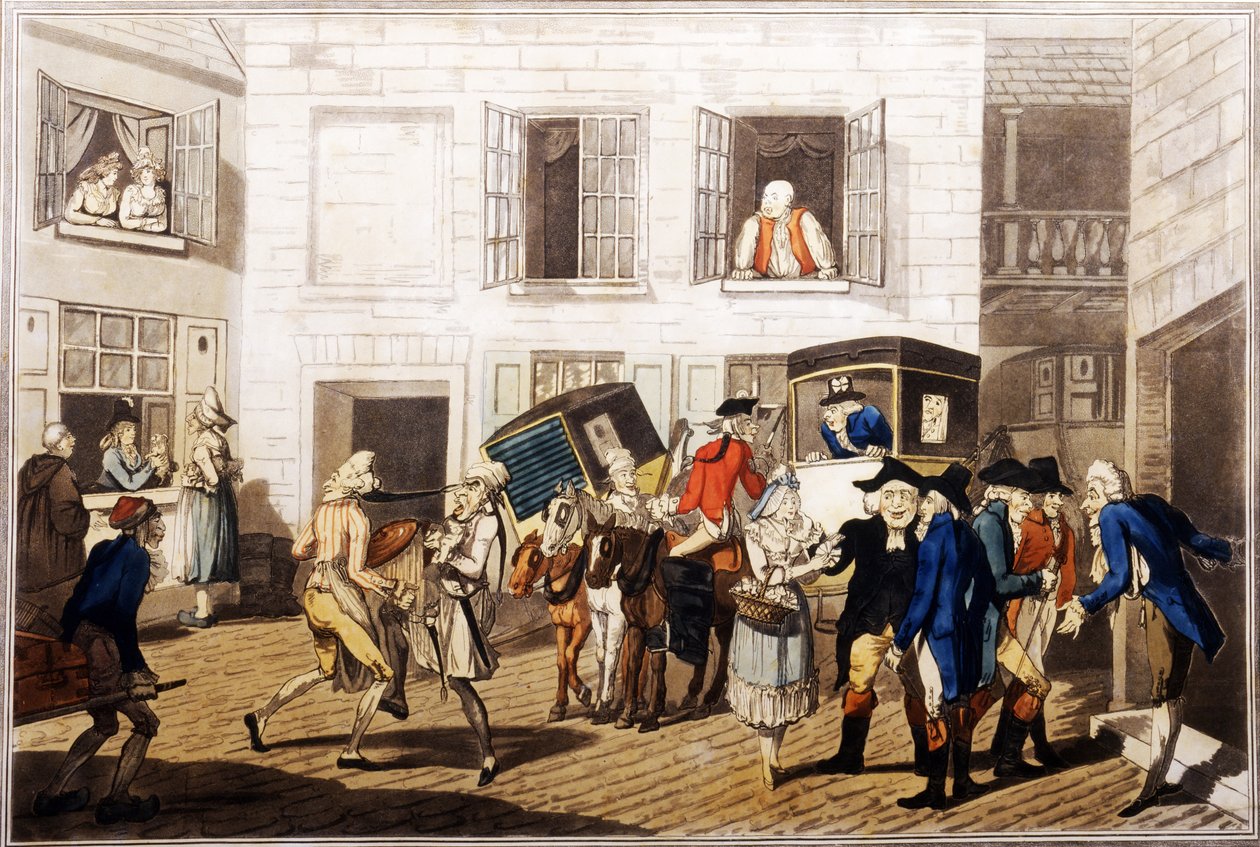 Inn Yard w Calais, wyd. William Holland, Londyn, 1790 (akwatinta ręcznie kolorowana) autorstwa Frederick George Byron