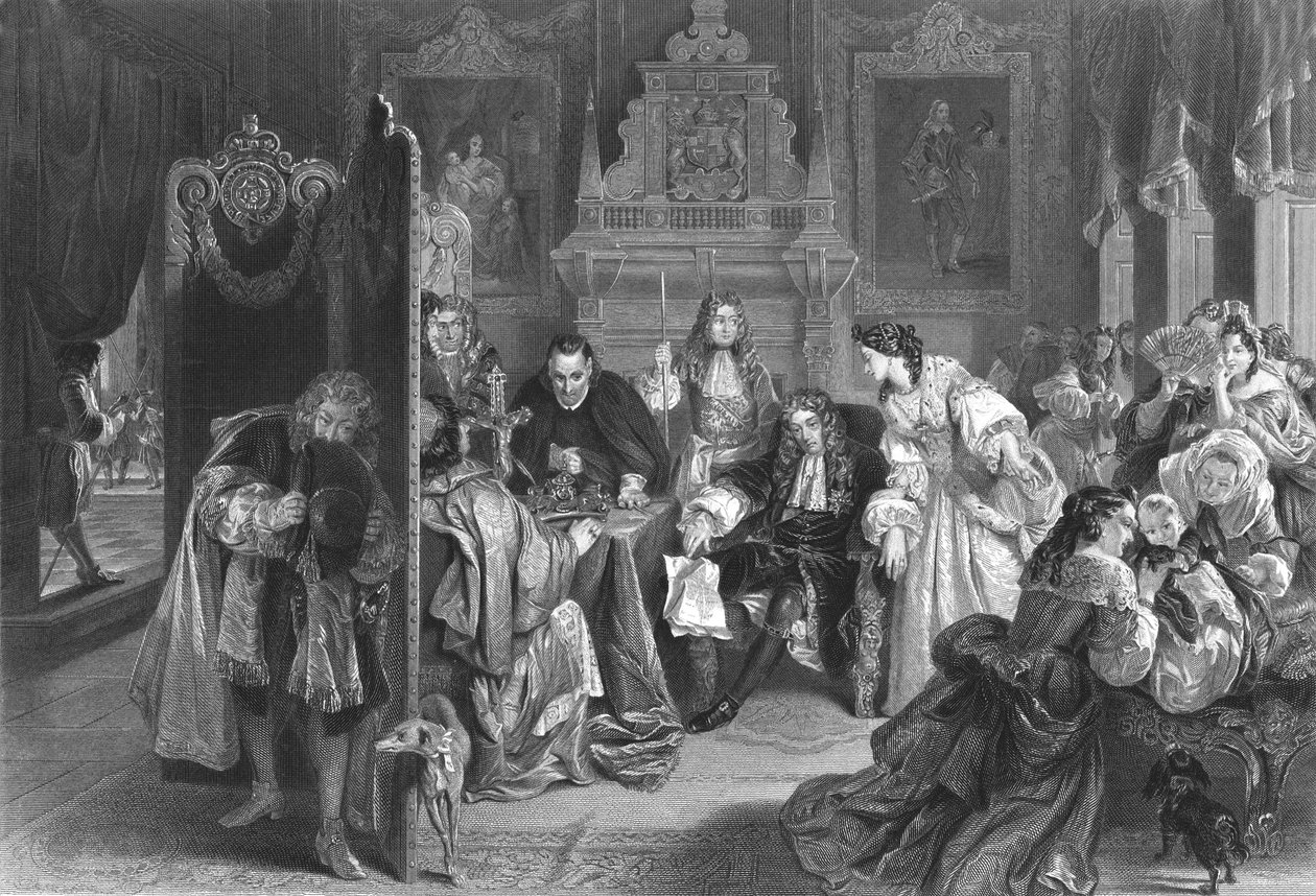 Jakub II otrzymuje wiadomość o wylądowaniu księcia Orańskiego, ok. 1890 r. autorstwa Frederick Heath
