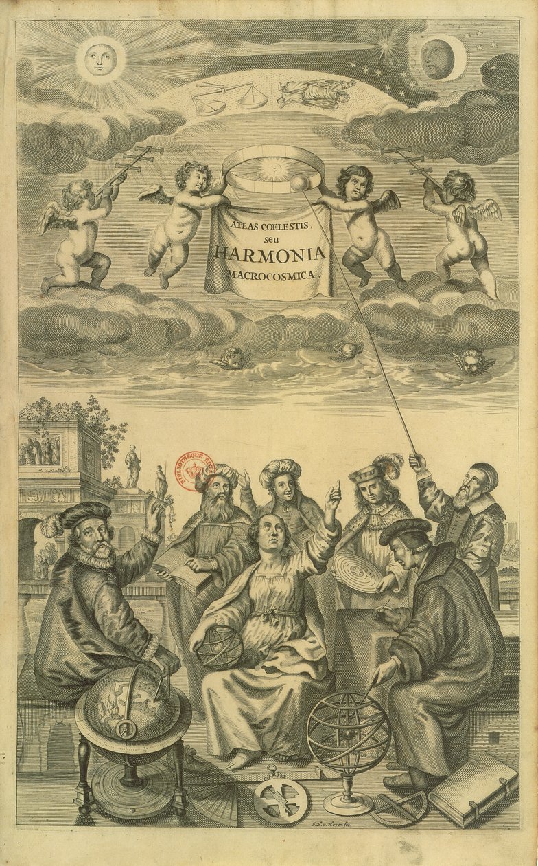 Frontyspis do „Atlasu niebieskiego, czyli harmonii wszechświata” (Atlas coelestis seu harmonia macrocosmica) Amsterdam, ok. 1660, Andreas Cellarius autorstwa Frederick Hendrick van Hove