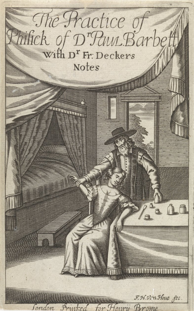 Lekarz z młodą kobietą we wnętrzu Strona tytułowa dla: Dekkers, F., The Practice of Phisick of Dr. Paul Barbett autorstwa Frederick Hendrick van den Hove