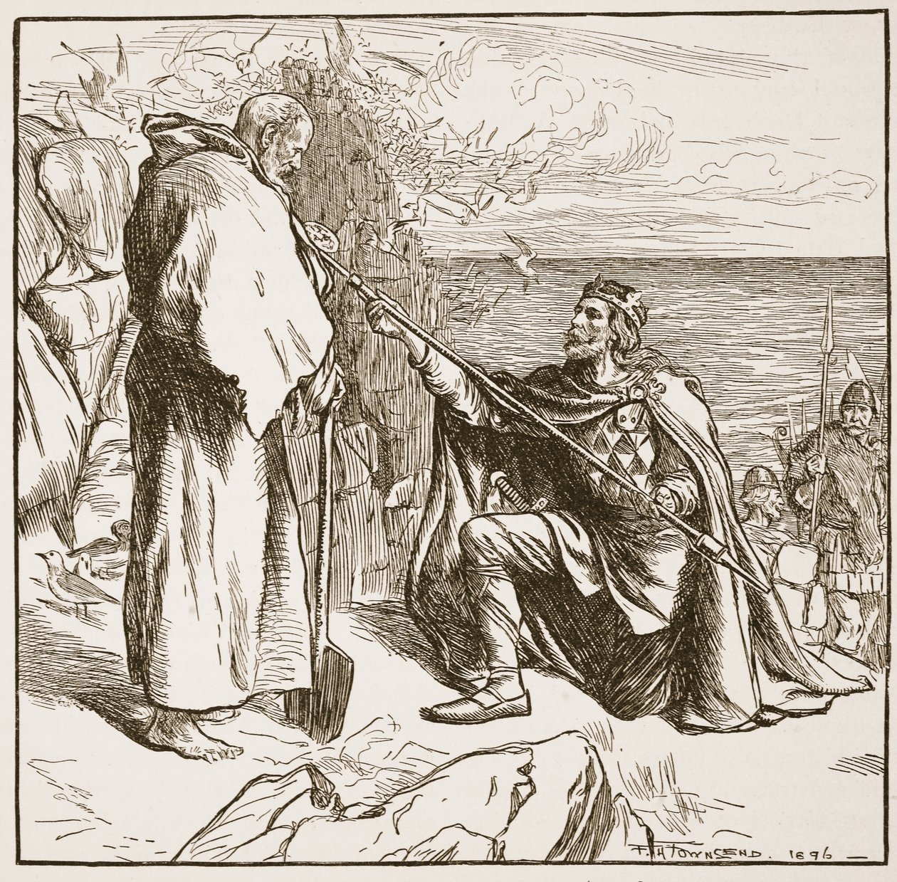 Egfrid błagający św. Cuthberta, ilustracja z „Kościoła anglikańskiego: historia dla ludu” autorstwa H.D.M. Spence-Jones, wyd. ok. 1910 (zdjęcie w sepii) autorstwa Frederick Henry Townsend