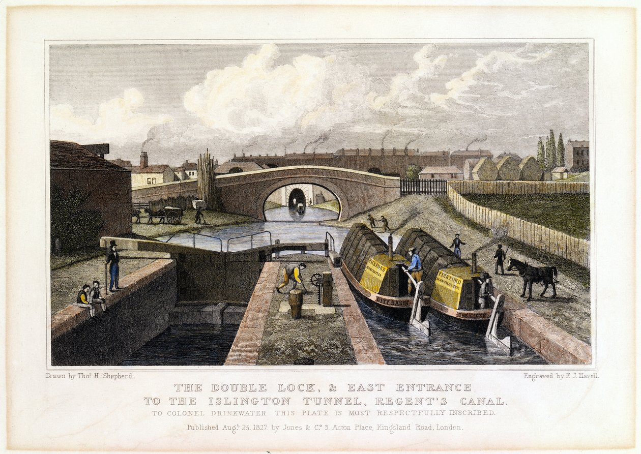 Podwójna śluza i wschodnie wejście do tunelu Islington, kanał Regents, 1827 r autorstwa Frederick James Havell