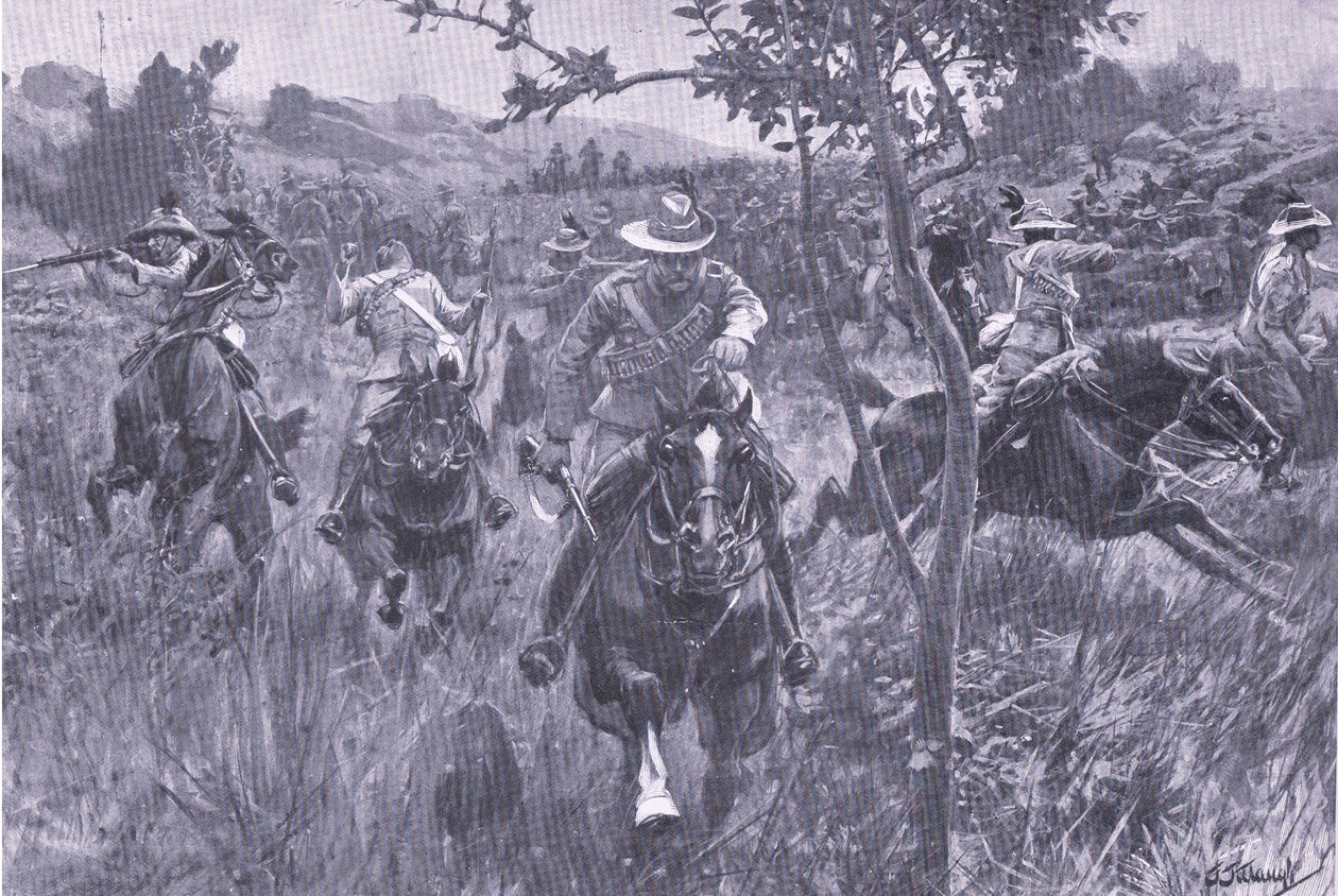 Atak na patrol, z książki After Pretoria: The Guerilla War wydanej przez Harmsworth Bros Limited, 1901 autorstwa Frederick Judd Waugh