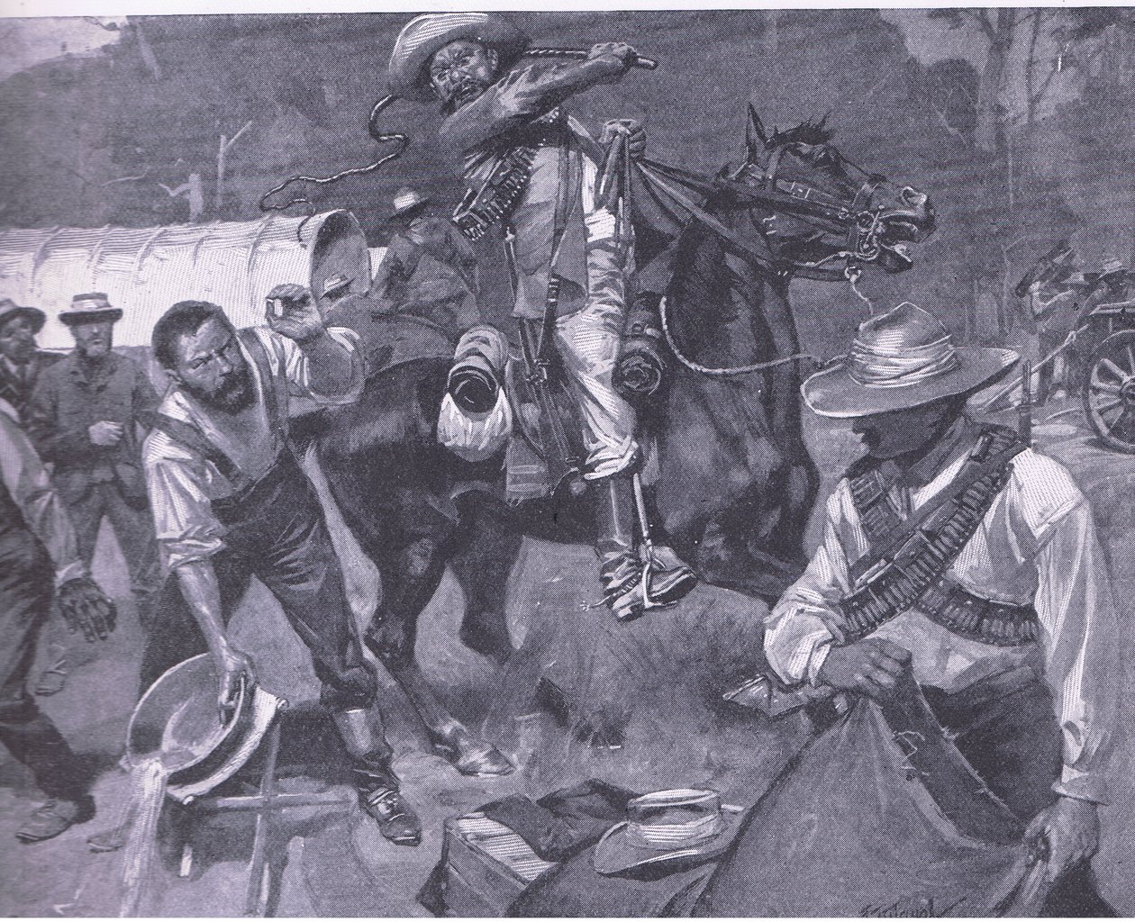 Burskie traktowanie wysłanników pokoju: chłosta Margendaal, z książki After Pretoria: The Guerilla War wydanej przez Harmsworth Bros Limited, 1901 autorstwa Frederick Judd Waugh