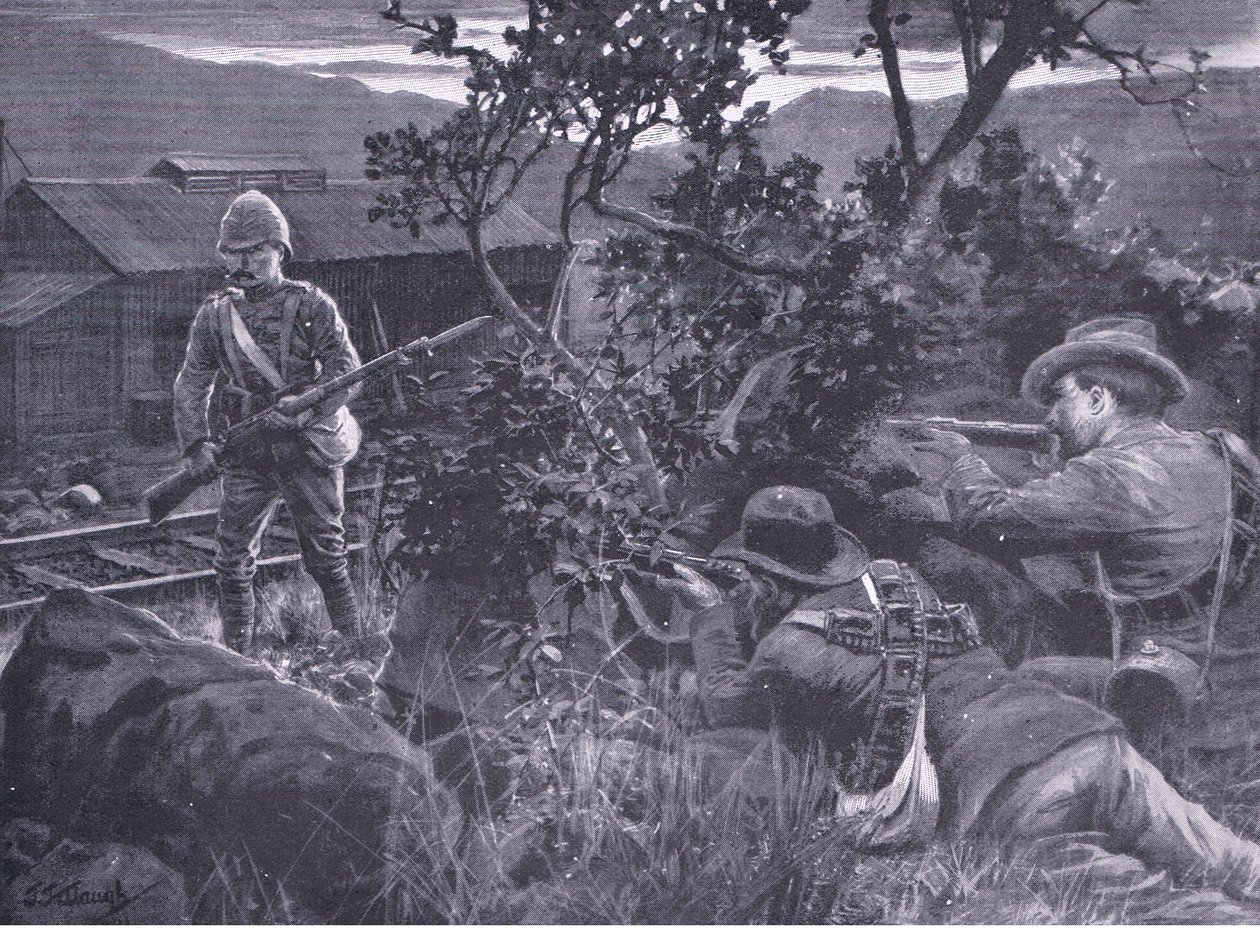 Zdegenerowana wojna: Burowie snajperzy na wartownikach, z książki After Pretoria: The Guerilla War wydanej przez Harmsworth Bros Limited, 1901 autorstwa Frederick Judd Waugh