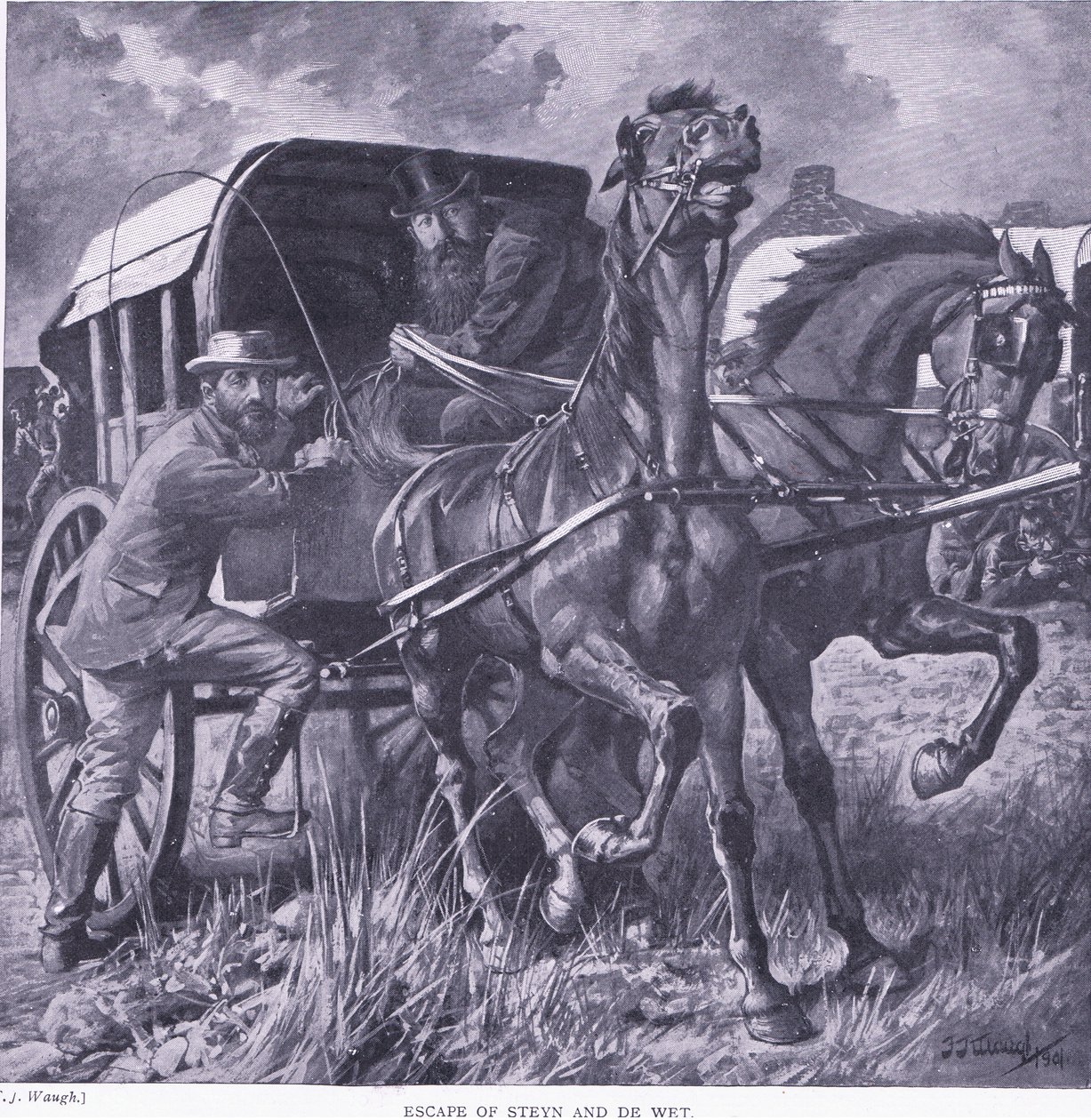 Ucieczka Steyna i De Wita, ilustracja z filmu After Pretoria: The Guerilla War, 1902 autorstwa Frederick Judd Waugh