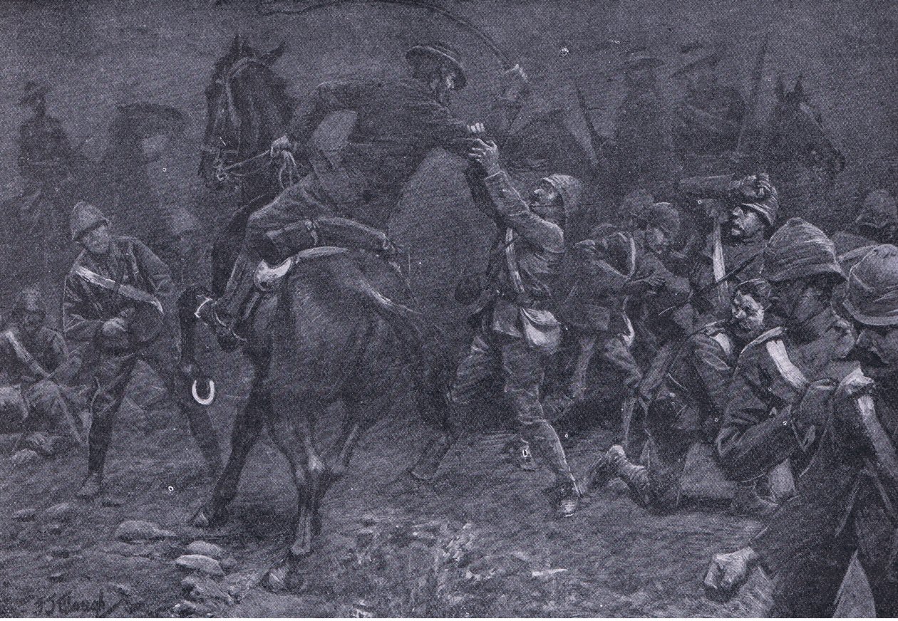 Major Boole-Smith walczy z De Wet z After Pretoria: The Guerilla War wydanego przez Harmsworth Bros Limited, 1901 autorstwa Frederick Judd Waugh