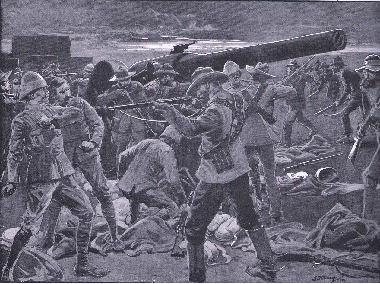 Atak na Gun Hill: Kanonierzy marynarki 47 zaskoczeni, z After Pretoria: The Guerilla War wydanego przez Harmsworth Bros Limited, 1901 autorstwa Frederick Judd Waugh