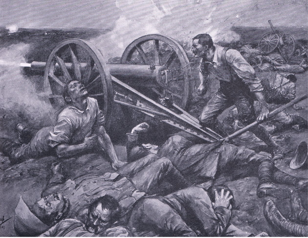 Obrona Dewetsdorp: praca na 15-funtowym samotniku, ilustracja z After Pretoria: The Guerilla War, 1902 autorstwa Frederick Judd Waugh