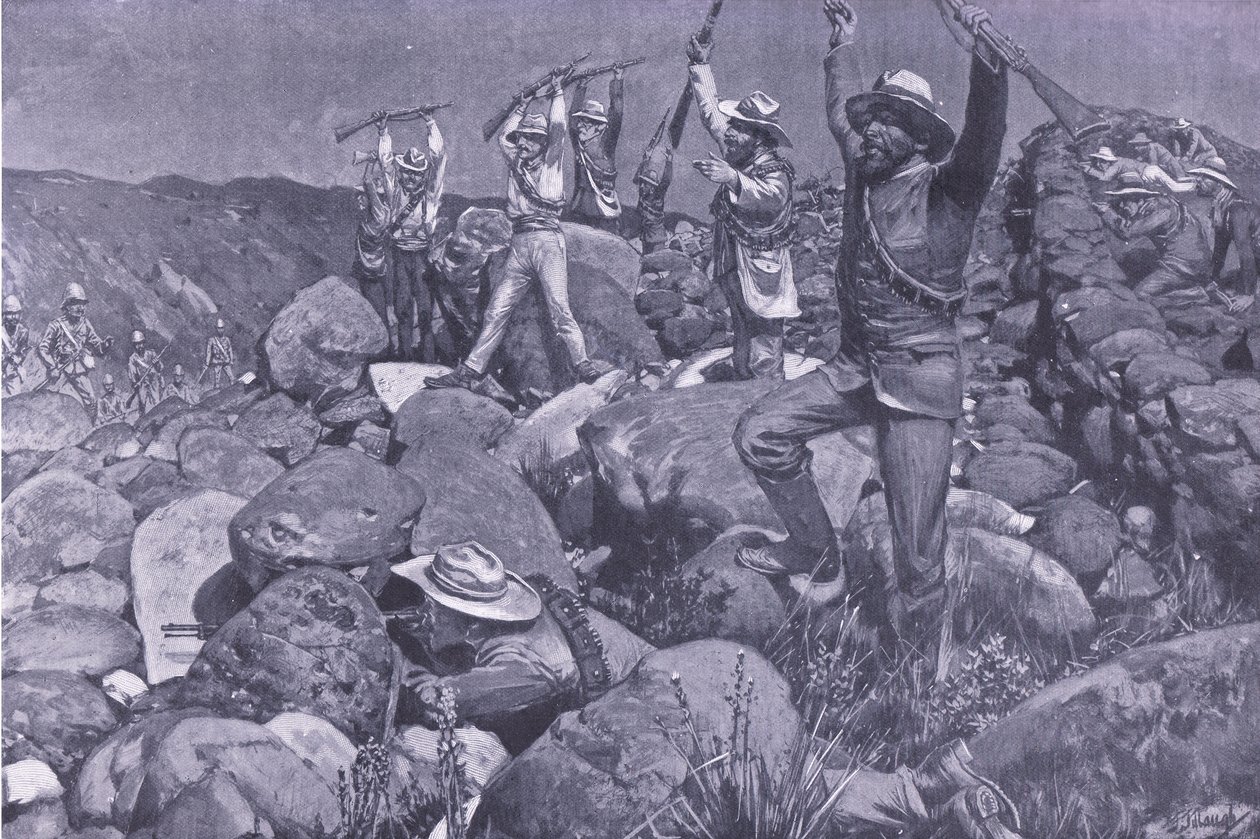 Udawana kapitulacja, która wciągnęła Liverpool w rozpaczliwą sytuację, ilustracja z After Pretoria: The Guerilla War, 1902 autorstwa Frederick Judd Waugh