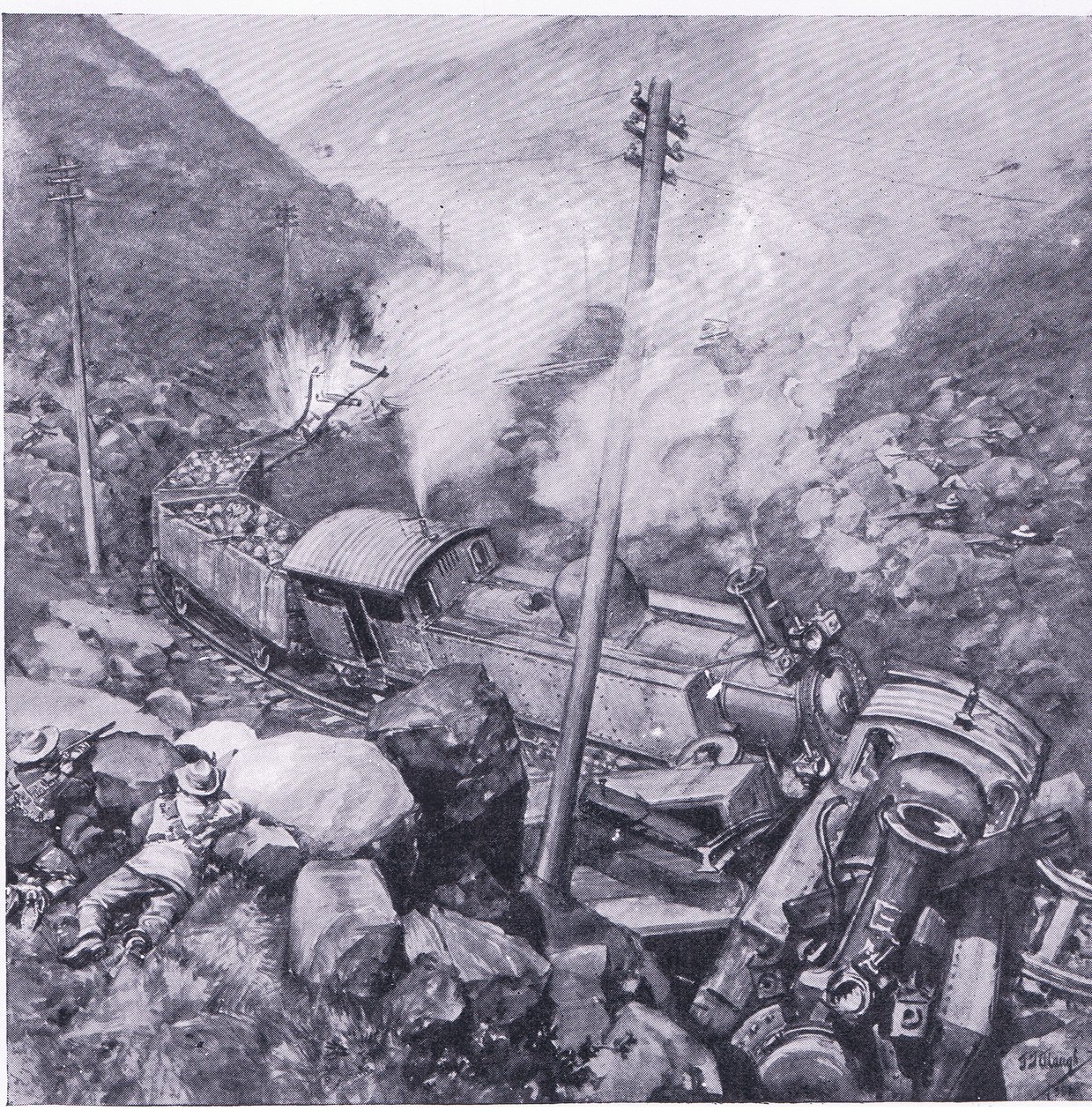 Rozbicie pociągu pancernego w pobliżu Vlakfontein, ilustracja z filmu After Pretoria: The Guerilla War, 1902 autorstwa Frederick Judd Waugh