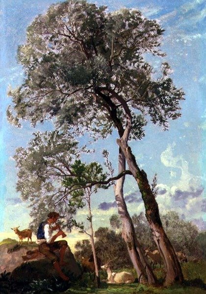 W Kampanii pasterz grający na fajce (olej na papierze na pokładzie) autorstwa Frederick Lee Bridell