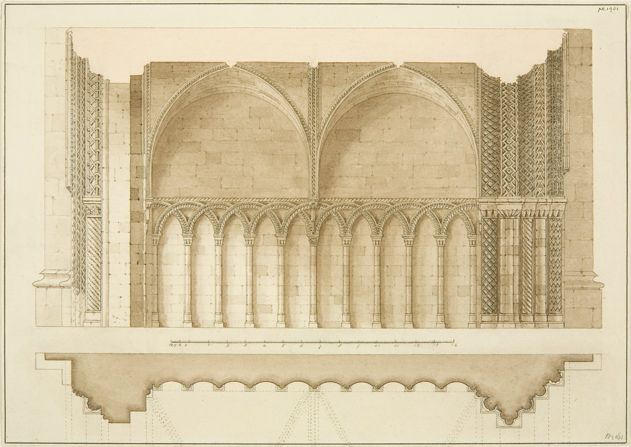 College Gateway, przekrój i plan (ołówek i akwarela na papierze) autorstwa Frederick Mackenzie