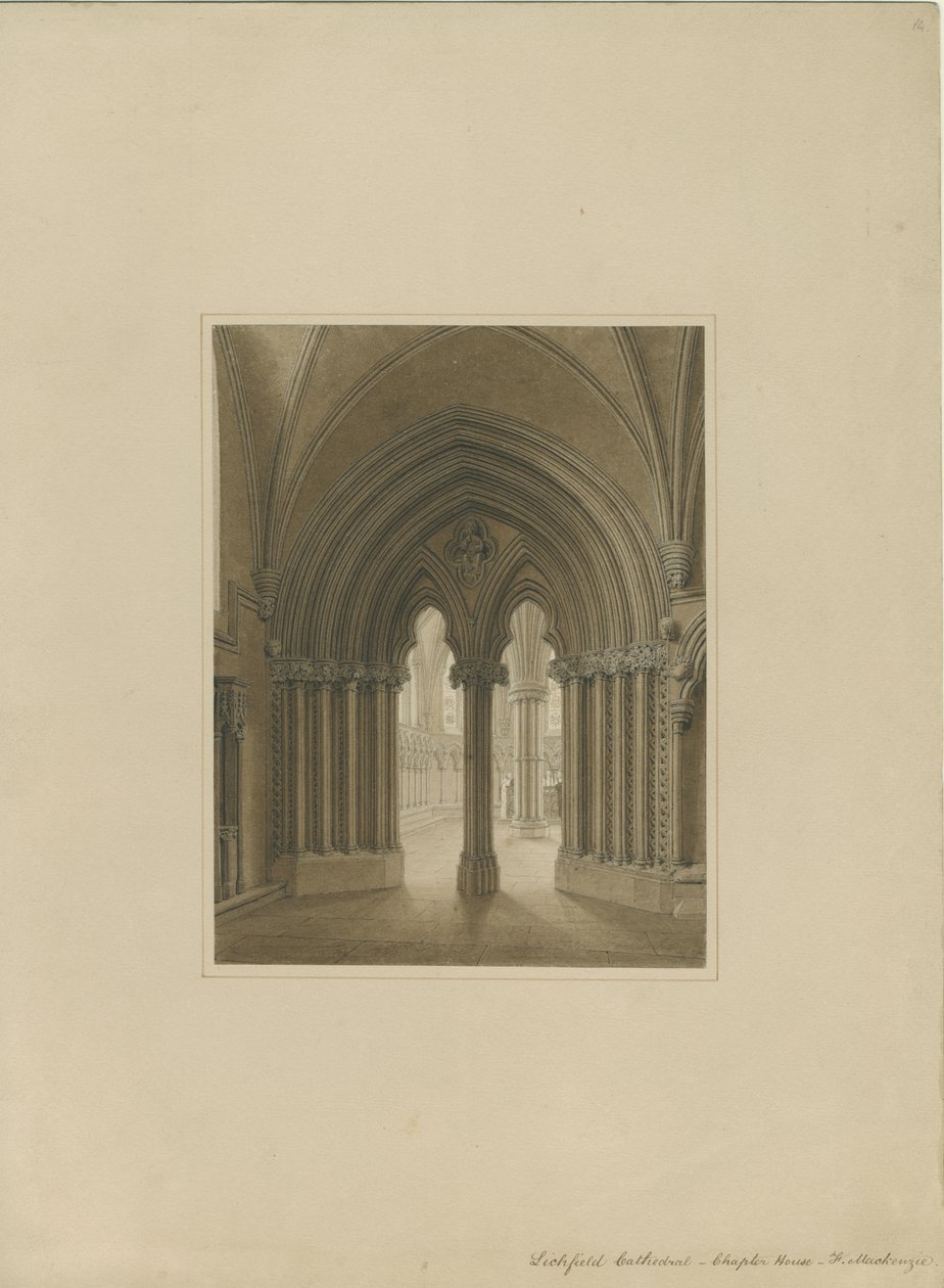 Wnętrze katedry w Lichfield - wejście do kapitularza: rysunek w sepii i [ok. 1820] autorstwa Frederick Mackenzie