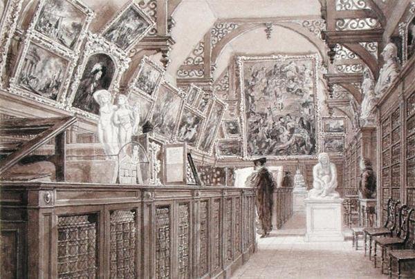 Wnętrze szkoły Old Perse, z wystawionymi zapisami Lorda Fitzwilliama (ołówek, pędzel i pranie na papierze) autorstwa Frederick Mackenzie
