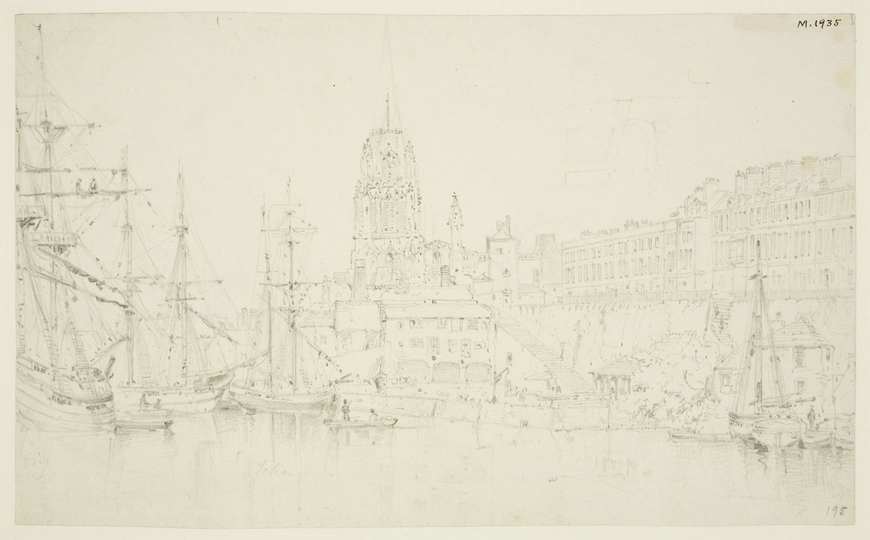 St Mary Redcliffe i Redcliffe Wharf od mostu Prince Street autorstwa Frederick Mackenzie