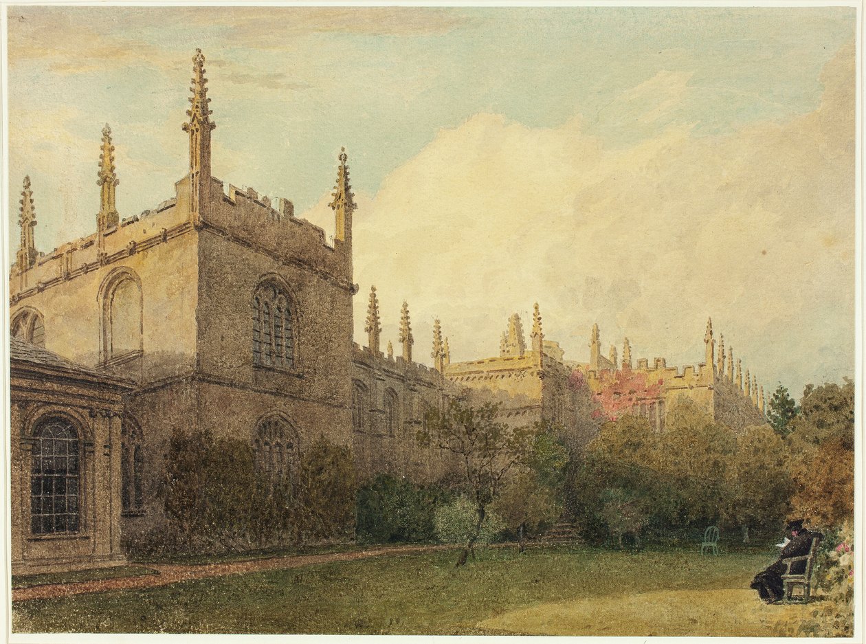 Budynki uniwersyteckie z Exeter College Gardens autorstwa Frederick Mackenzie